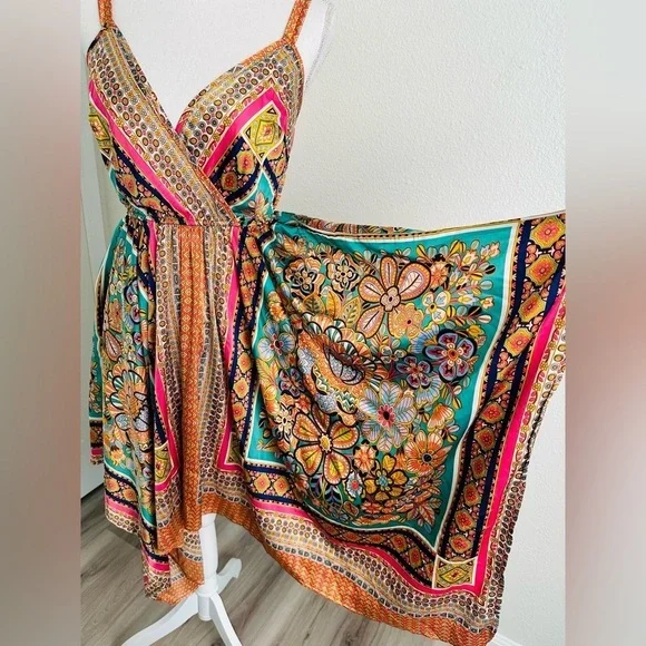 Rusttydustty Scarf Print Hanky Hem Cami Bohemian Dress Size Small - Picture 7 of 11